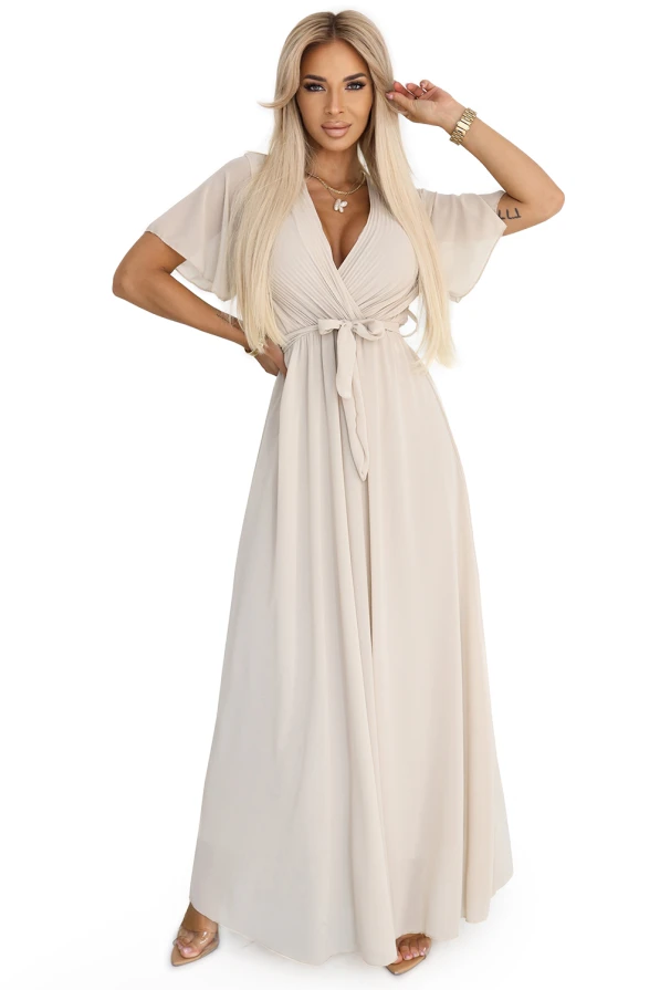 545-3 Long dress with pleated neckline and tie - beige