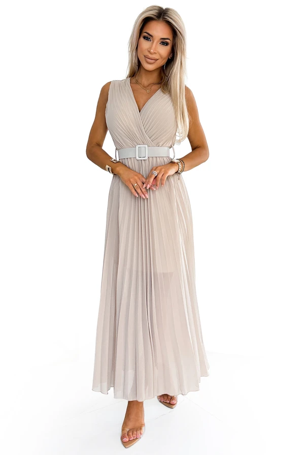 546-1 Pleated dress with a wide belt and neckline - Beige