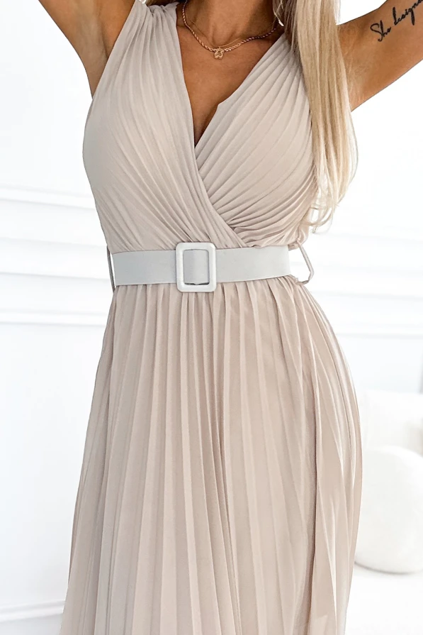 546-1 Pleated dress with a wide belt and neckline - Beige