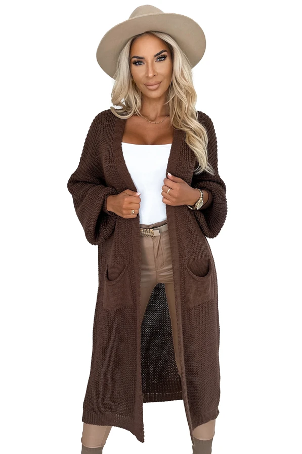 552-1 Cardigan - jumper long throw with pockets - chocolate colour