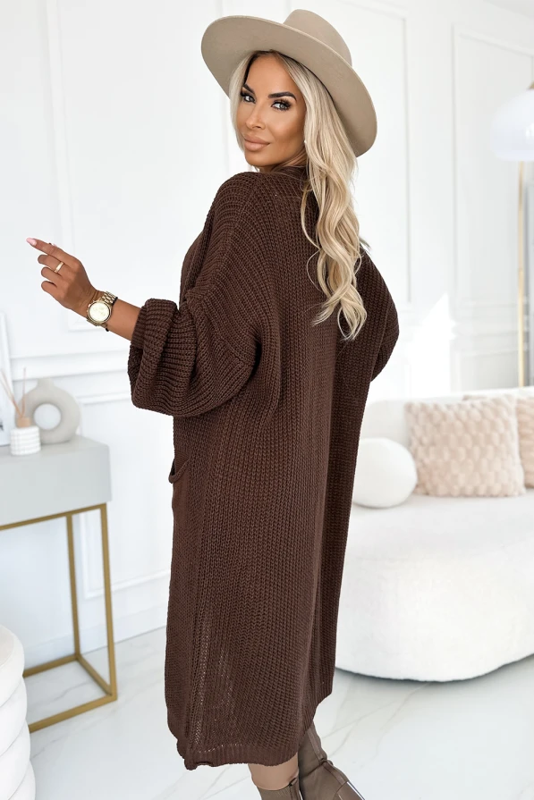 552-1 Cardigan - jumper long throw with pockets - chocolate colour