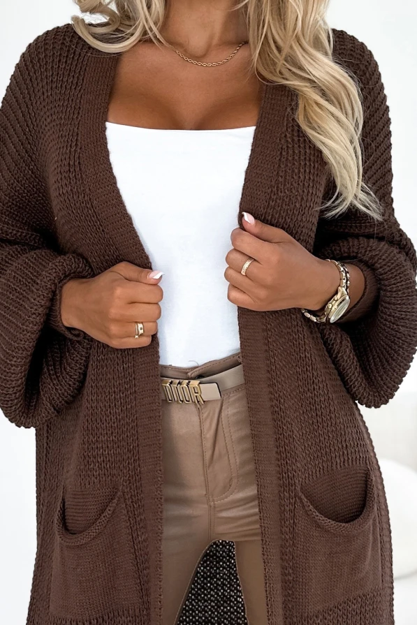 552-1 Cardigan - jumper long throw with pockets - chocolate colour