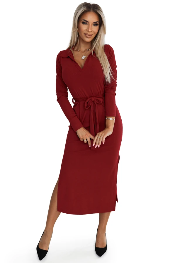 Classic midi dress with collar and tie - burgundy