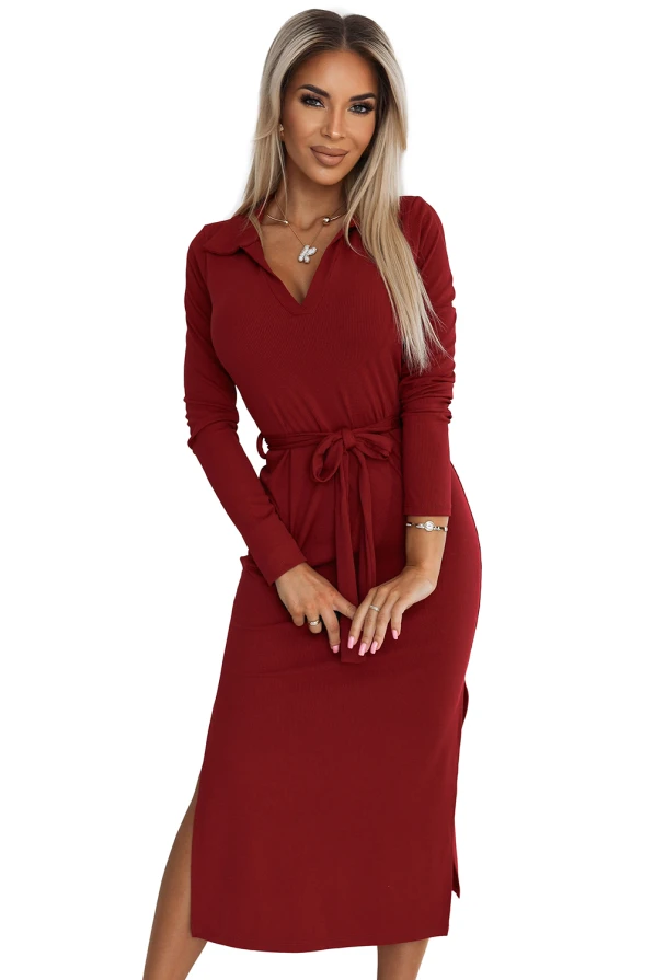 Classic midi dress with collar and tie - burgundy