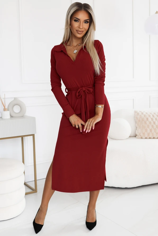 Classic midi dress with collar and tie - burgundy