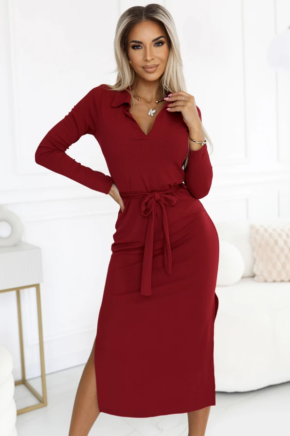 Classic midi dress with collar and tie - burgundy