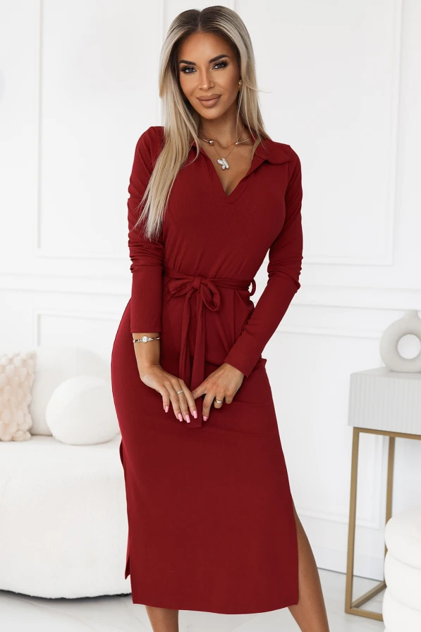 Classic midi dress with collar and tie - burgundy