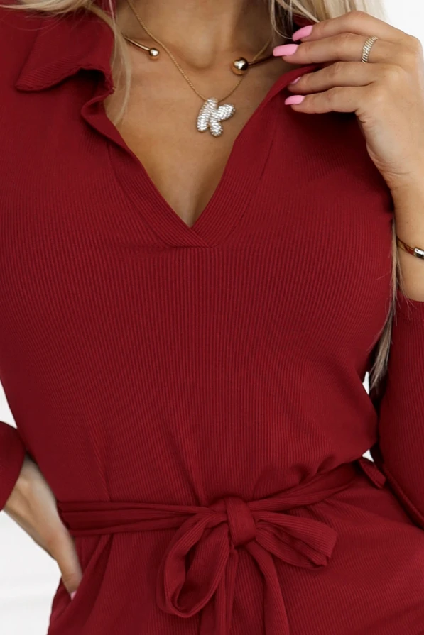 Classic midi dress with collar and tie - burgundy