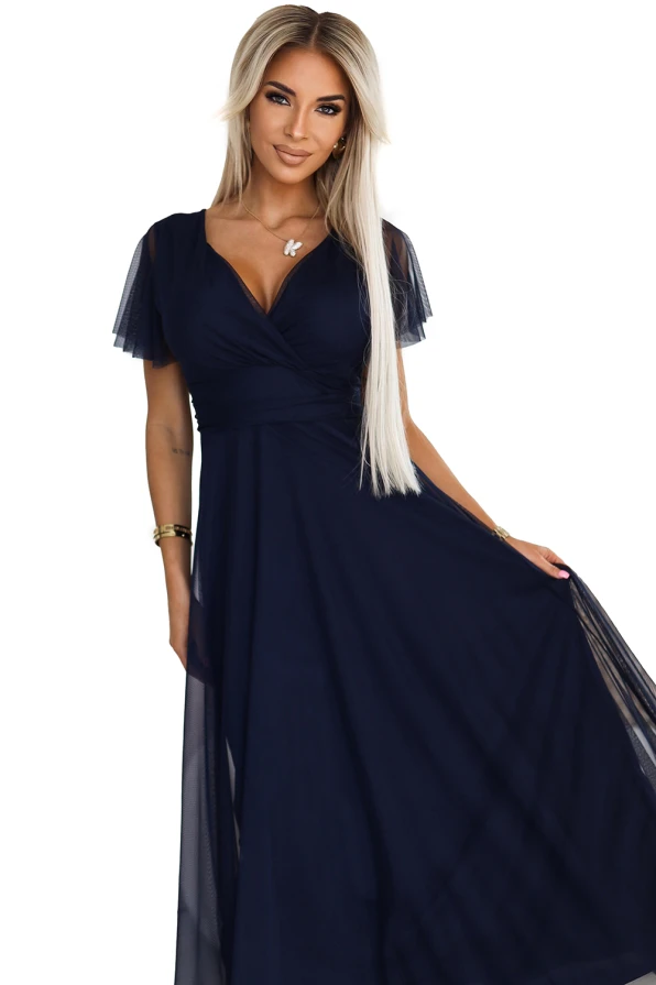 NASTIA Long dress with neckline and short sleeves - navy blue