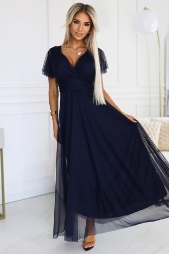 NASTIA Long dress with neckline and short sleeves - navy blue