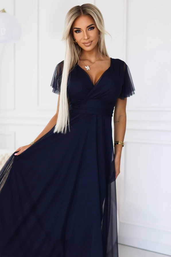 NASTIA Long dress with neckline and short sleeves - navy blue