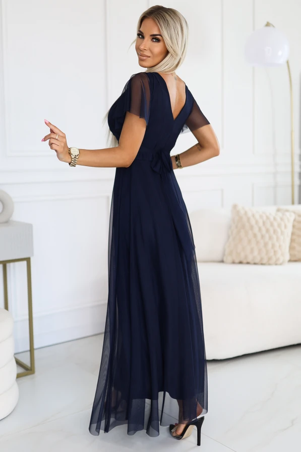 NASTIA Long dress with neckline and short sleeves - navy blue