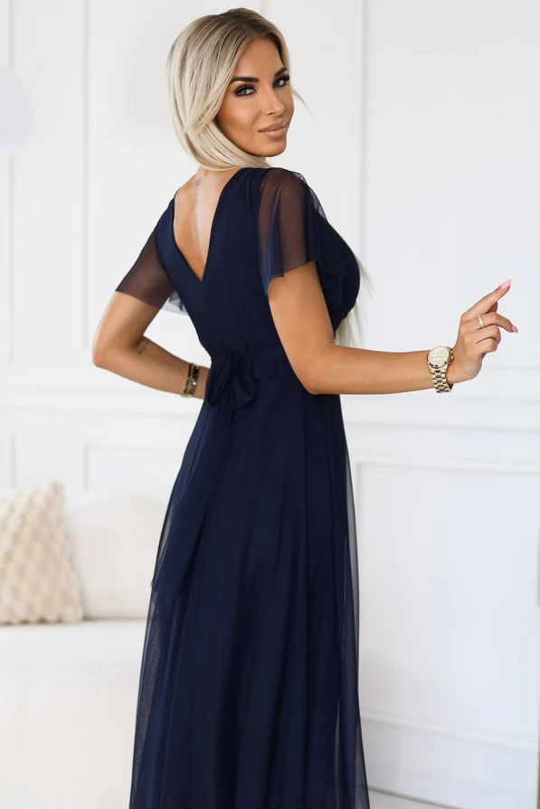 NASTIA Long dress with neckline and short sleeves - navy blue