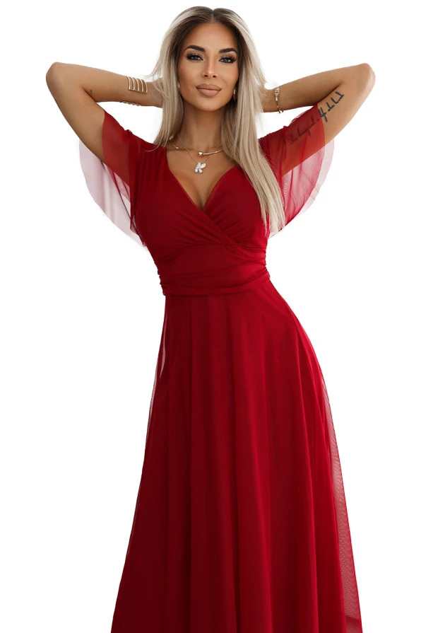 NASTIA Long dress with neckline and short sleeves - burgundy