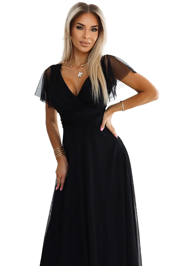 562-3 NASTIA Long dress with neckline and short sleeves - black