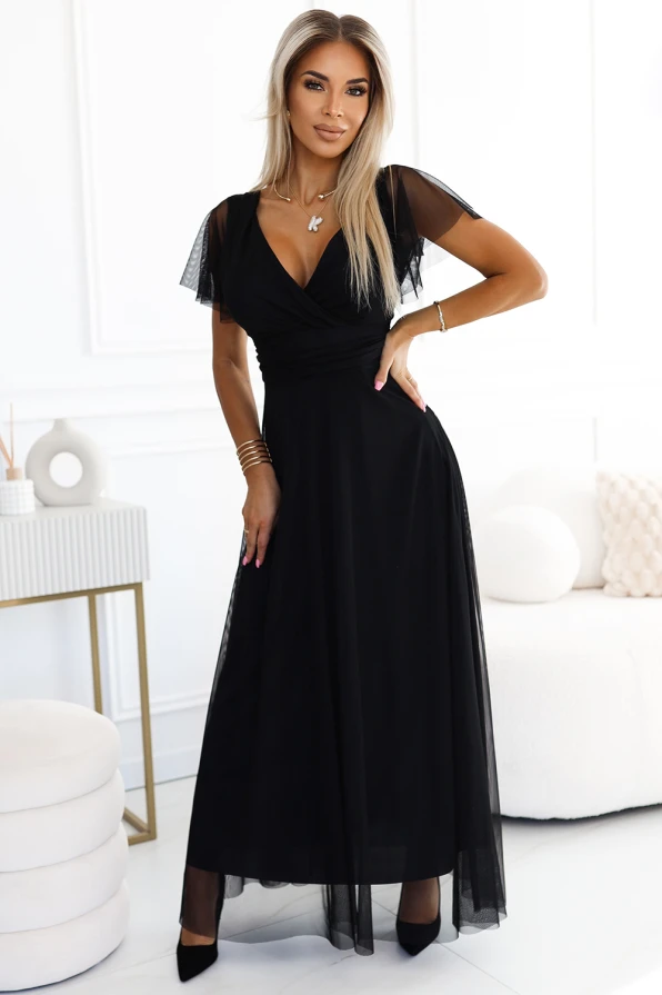 562-3 NASTIA Long dress with neckline and short sleeves - black