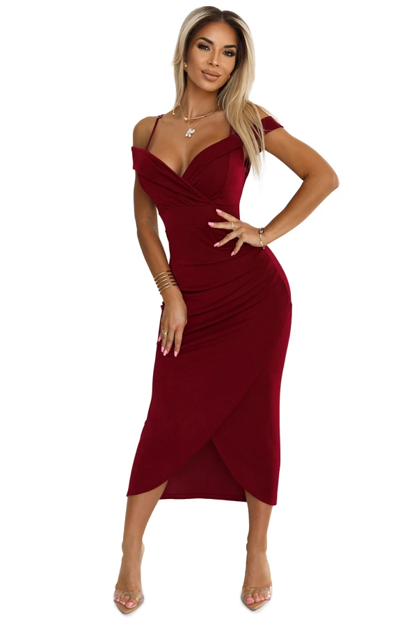 CALLIE Midi dress with open shoulders and neckline - burgundy