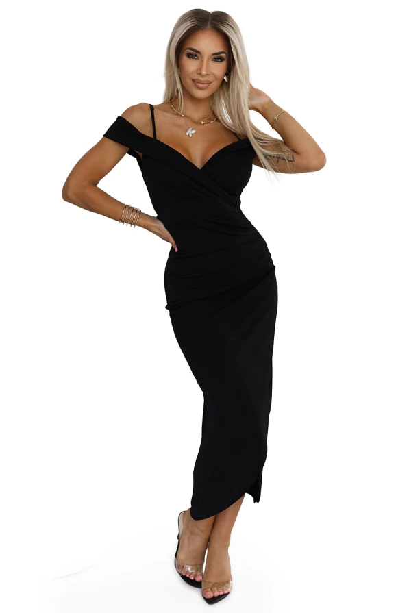 CALLIE Midi dress with open shoulders and neckline - black