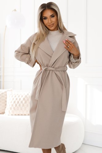 Warm coat with pockets, waist tie and striped sleeves - beige