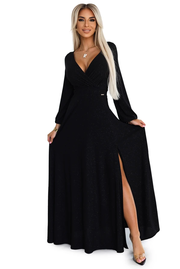 572-2 NELA shiny long gown with neckline and long sleeves - black