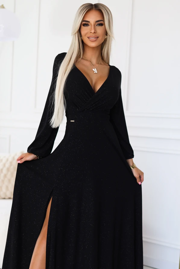 572-2 NELA shiny long gown with neckline and long sleeves - black