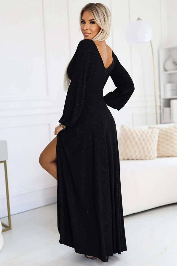 572-2 NELA shiny long gown with neckline and long sleeves - black