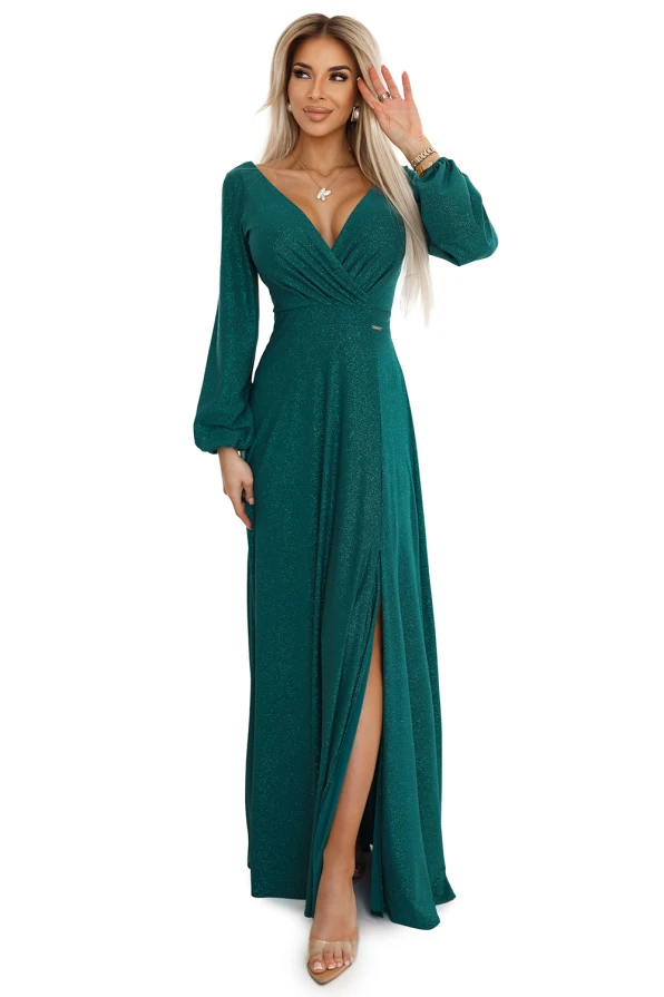 NELA shiny long dress with neckline, long sleeves and leg slit - green