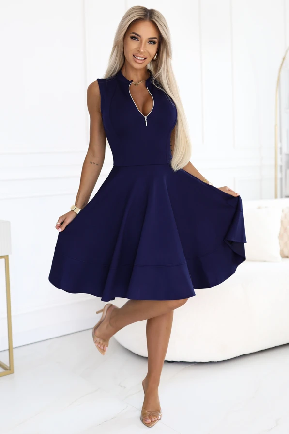 573-2 Exclusive dress with flared bottom and gold zipper - navy blue