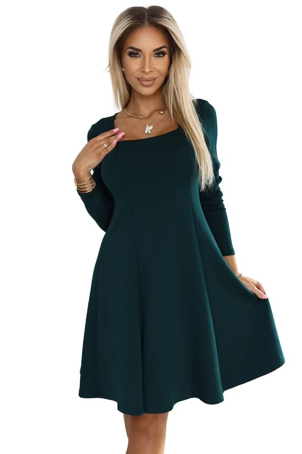 IVANA comfortable trapeze dress with a neckline and long sleeves - green