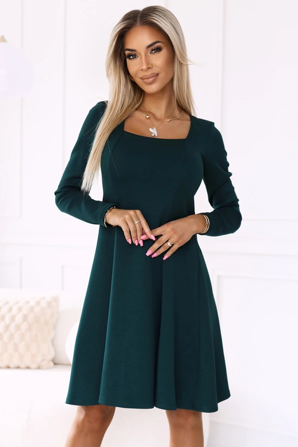 IVANA comfortable trapeze dress with a neckline and long sleeves - green