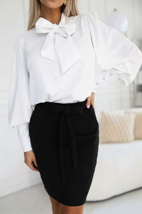 Unique long sleeve business blouse with ties and buttons - white with a silver pattern