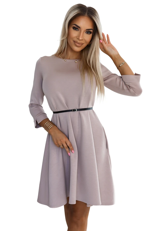 Classic trapeze dress with black belt - beige