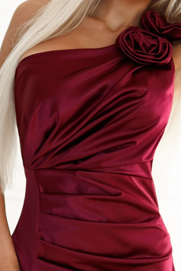 580-2 AURORA long satin one shoulder dress with roses - burgundy