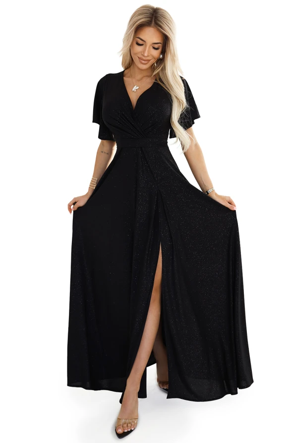 581-1 JENNIFER shiny long dress with sleeves and neckline - black with glitter