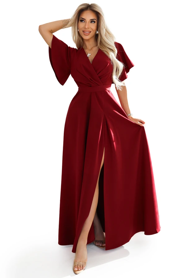 581-2 JENNIFER long dress with leg slit, sleeve and neckline - burgundy color