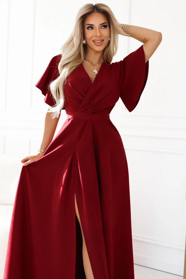 581-2 JENNIFER long dress with leg slit, sleeve and neckline - burgundy color