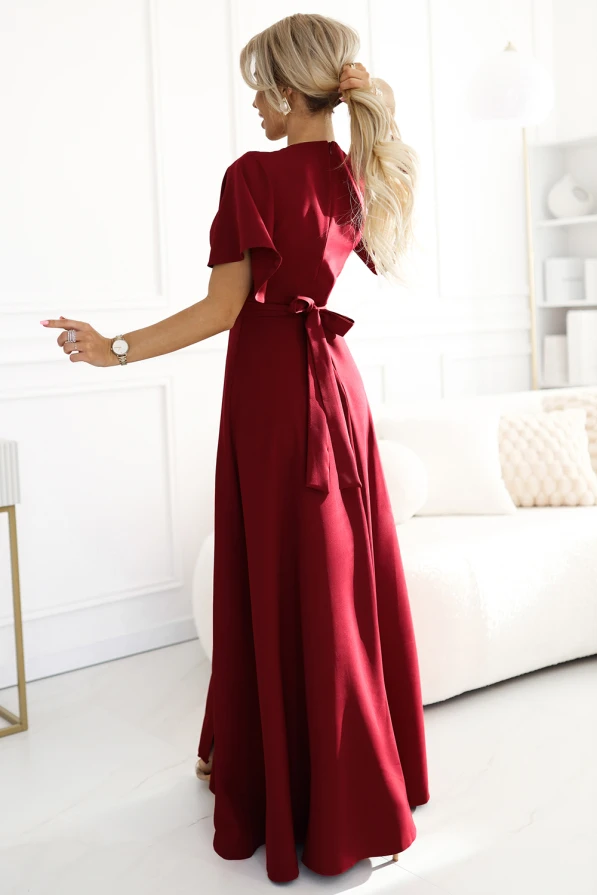 581-2 JENNIFER long dress with leg slit, sleeve and neckline - burgundy color