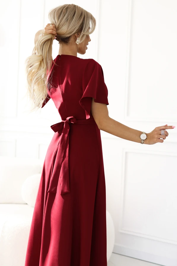 581-2 JENNIFER long dress with leg slit, sleeve and neckline - burgundy color