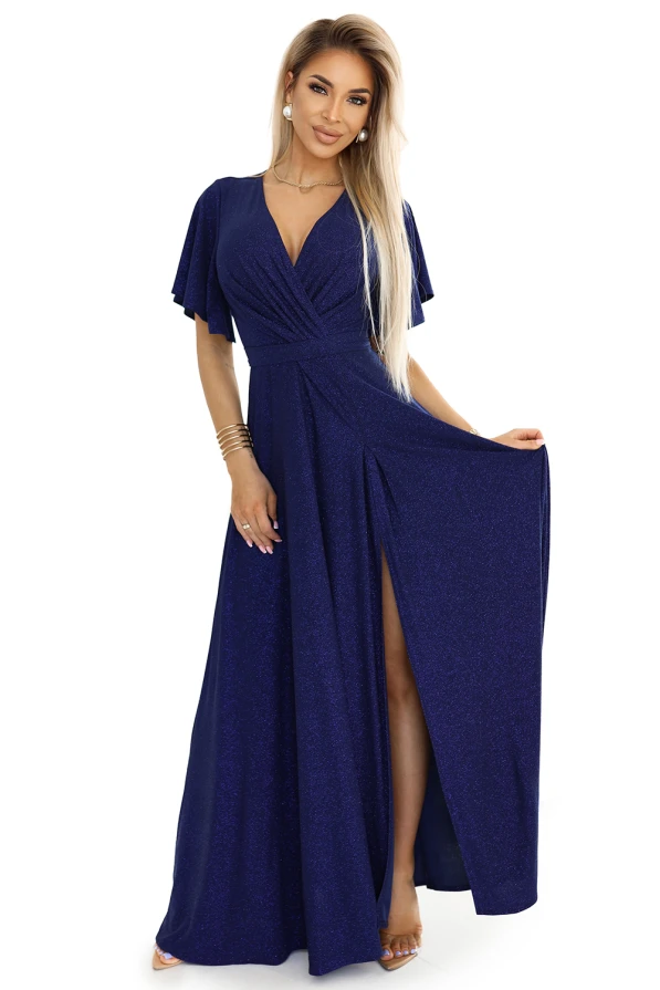 581-5 JENNIFER shiny long dress with sleeves and neckline - navy blue with glitter