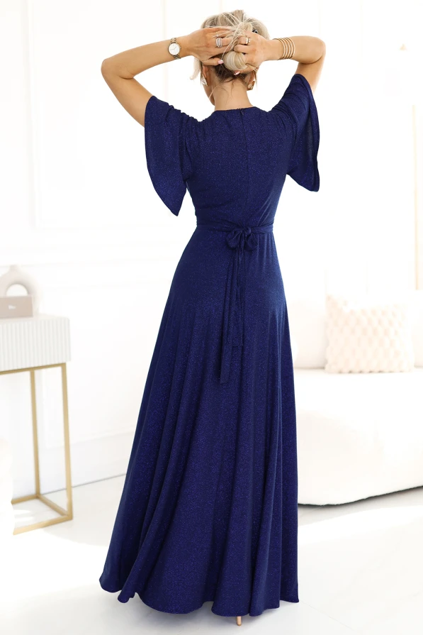 581-5 JENNIFER shiny long dress with sleeves and neckline - navy blue with glitter