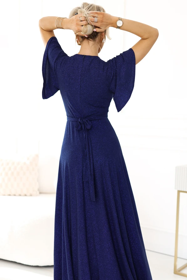 581-5 JENNIFER shiny long dress with sleeves and neckline - navy blue with glitter