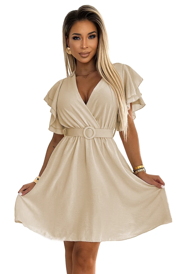 586-1 Women's dress with envelope neckline, sleeves and belt - beige