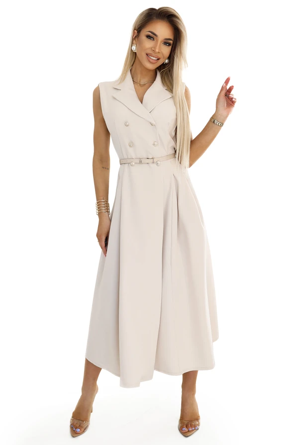 596-1 Elegant midi shirt dress with gold buttons and belt - beige