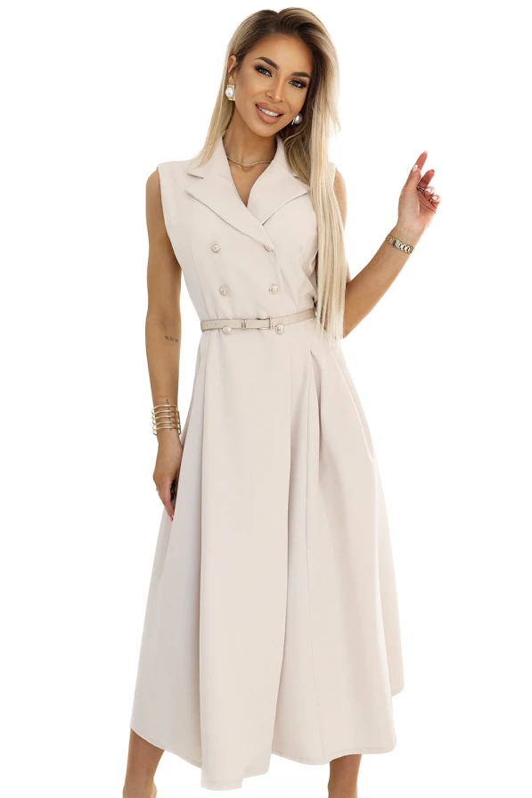 596-1 Elegant midi shirt dress with gold buttons and belt - beige