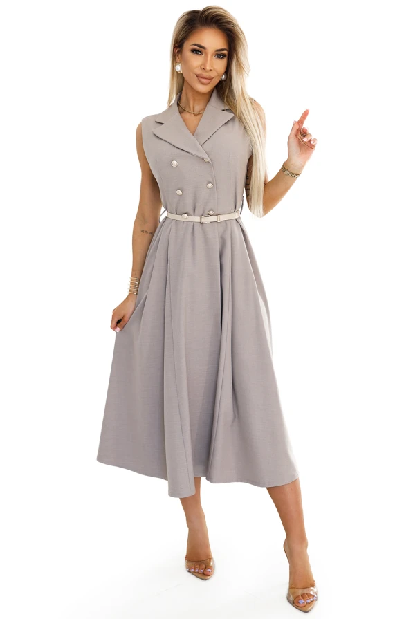 596-2 Elegant midi shirt dress with gold buttons and belt - gray beige