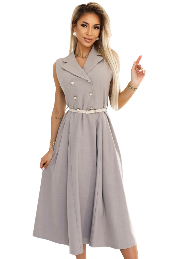 596-2 Elegant midi shirt dress with gold buttons and belt - gray beige