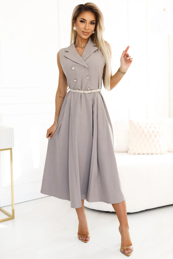 596-2 Elegant midi shirt dress with gold buttons and belt - gray beige