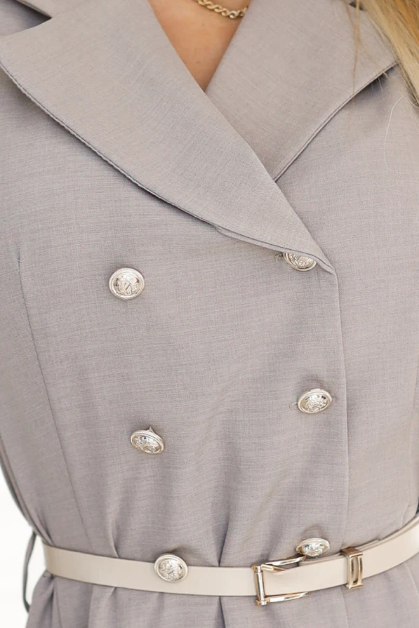 596-2 Elegant midi shirt dress with gold buttons and belt - gray beige