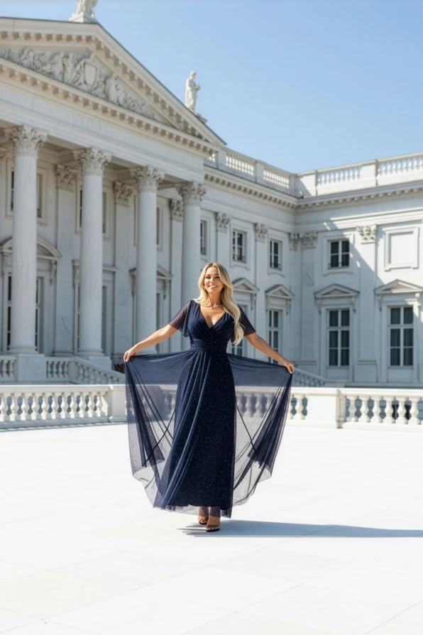 „Modelka prezentuje długą, granatową suknię wieczorową Numoco z połyskującymi drobinkami, kopertowym dekoltem i zwiewnymi rękawkami, stojąc w eleganckim, jasnym wnętrzu.