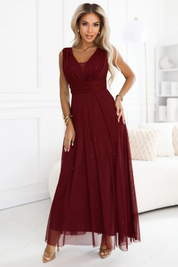 Elegancka bordowa suknia maxi bez rękawów, rozkloszowana, idealna na wesele, bal i studniówkę